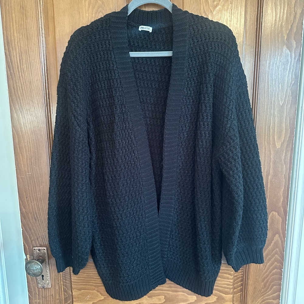 ZYIA Black “Petra” Open-Front Waffle Cardigan